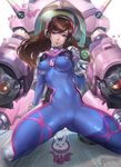  arm_support bangs blown_kiss bodysuit breasts brown_hair covered_navel covered_nipples d.va_(overwatch) facial_mark gloves gtunver headphones heart highres lips long_hair looking_at_viewer md5_mismatch mecha medium_breasts meka_(overwatch) overwatch pilot_suit purple_eyes revision skindentation smile solo spread_legs squatting swept_bangs whisker_markings 