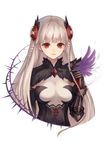  black_wings bow braid dark_valkyrie_(p&amp;d) earrings gauntlets hair_ornament jewelry light_smile long_hair looking_at_viewer puzzle_&amp;_dragons red_eyes simple_background solo thorns twin_braids valkyrie_(p&amp;d) very_long_hair white_background white_hair wings zek_(zecola) 