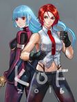  belt blue_eyes blue_hair boxing breasts chaps cropped_jacket gloves highres k.c kula_diamond large_breasts lips lipstick long_hair looking_at_viewer makeup mature midriff multiple_girls navel necktie pants red_eyes red_hair shirt short_hair sleeveless suspenders the_king_of_fighters the_king_of_fighters_xiv thighhighs vanessa_(king_of_fighters) 