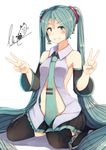  :3 :d adapted_costume aqua_neckwear black_legwear blue_eyes blue_hair blush collared_shirt detached_sleeves double_v eyebrows eyebrows_visible_through_hair facial_tattoo fingernails full_body grey_shirt grin hatsune_miku headset highres long_hair long_sleeves looking_at_viewer necktie number open_clothes open_mouth open_shirt plan_(planhaplalan) pleated_skirt shirt signature simple_background sitting skirt sleeveless sleeveless_shirt smile smiley_face solo striped tattoo teeth throat_microphone twintails v vertical_stripes very_long_hair vocaloid wariza white_background wing_collar 