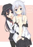  /\/\/\ 2girls :d akatsuki_(kantai_collection) anchor_symbol bangs belt black_hat black_legwear black_skirt blue_eyes blush bow bow_panties breasts collarbone covering covering_breasts cowboy_shot embarrassed eyebrows eyebrows_visible_through_hair flat_cap hair_between_eyes hand_on_own_chest hands_on_another's_chest hat hibiki_(kantai_collection) highres holding_hand holding_skirt huwali_(dnwls3010) kantai_collection kerchief long_hair looking_at_another looking_to_the_side miniskirt multiple_girls navel no_bra off_shoulder open_clothes open_mouth open_shirt panties pantyhose pink_panties pleated_skirt purple_eyes school_uniform serafuku shirt silver_hair skirt skirt_pull small_breasts smile spoken_ellipsis stomach sweat underwear undressing v-shaped_eyebrows verniy_(kantai_collection) white_shirt 