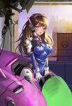  absurdres animal_print armor bangs bodysuit breasts brown_eyes brown_hair bunny bunny_print copyright_name d.va_(overwatch) facial_mark gloves headphones heart heart-shaped_pupils high_collar highres long_hair looking_at_viewer mcaster mecha medium_breasts meka_(overwatch) open_mouth overwatch pilot_suit pink_eyes pink_lips skin_tight solo symbol-shaped_pupils tearing_up tears whisker_markings white_gloves 