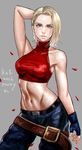  abs armpits bare_shoulders belt blonde_hair blue_eyes blue_mary breasts cowboy_shot fatal_fury fingerless_gloves gloves halter_top halterneck highres k.c large_breasts midriff muscle navel pants short_hair smile solo the_king_of_fighters 
