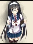  black_hair blue_eyes blue_skirt glasses hairband highres hip_vent holding holding_pen kantai_collection letterboxed long_hair long_sleeves looking_at_viewer necktie one_eye_closed ooyodo_(kantai_collection) pen pleated_skirt puffy_short_sleeves puffy_sleeves school_uniform semi-rimless_eyewear serafuku short_over_long_sleeves short_sleeves skirt smile solo tassel tenrai thighhighs under-rim_eyewear 