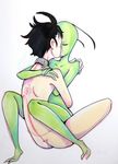  3_fingers alien antennae black_hair butt collar cuddling dib duo eyes_closed green_skin hair human invader_zim irken kissing male male/male mammal nude scar simple_background straddling white_background zim 