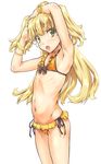  absurdres armpits arms_up bikini blonde_hair blush bracelet cowboy_shot eyebrows_visible_through_hair fang flat_chest frilled_bikini frills green_eyes highres idolmaster idolmaster_cinderella_girls jewelry jougasaki_rika long_hair looking_at_viewer navel open_mouth plaid plaid_bikini side-tie_bikini simple_background solo suzuki24 swimsuit white_background 