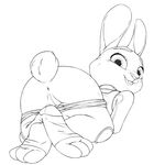  2016 all_fours anthro anus buckteeth butt clothed clothing disney female judy_hopps kittyjar lagomorph looking_back mammal monochrome pants_down partially_clothed pussy rabbit rear_view simple_background smile solo teeth white_background zootopia 