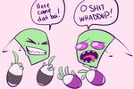  ! alien antennae duo green_skin humor invader_zim irken meme open_mouth purple_eyes scared smile speech_bubble the_almighty_tallest what 