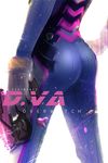  2016 artstation_sample ass bodysuit character_name copyright_name d.va_(overwatch) dated from_behind gloves gun handgun holding holding_gun holding_weapon image_sample overwatch pilot_suit shan_zhui simple_background skin_tight solo weapon white_background white_gloves 