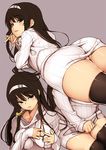  2016 ass black_eyes black_hair black_legwear blush braid breasts dated gin_(ginshari) hair_ornament hairband large_breasts long_hair lying multiple_views nursing_sweater on_stomach original parted_lips ribbed_sweater side_braid simple_background smile sweater thighhighs 