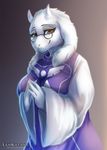  2016 anthro big_breasts boss_monster breasts caprine clothed clothing english_text eyewear female fur glasses goat grey_background half-closed_eyes horn leokatana looking_at_viewer mammal red_eyes robe simple_background smile solo text toriel undertale video_games white_fur white_horn 