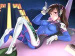  animal_print armor ass bangs bodysuit boots breasts brown_eyes brown_hair bubble_blowing bunny bunny_print chewing_gum clothes_writing d.va_(overwatch) facial_mark gloves hand_up headphones high_collar highres horiishi_horuto impossible_clothes long_hair looking_at_viewer lying md5_mismatch mecha medium_breasts meka_(overwatch) mountain night night_sky on_back outdoors overwatch pilot_suit signature skin_tight sky solo star_(sky) swept_bangs thigh_boots thighhighs thighs whisker_markings white_footwear white_gloves 