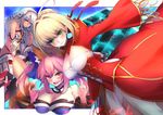  &gt;:) :d ahoge altera_(fate) bare_shoulders black_legwear blue_bow blush bow braid breasts cleavage commentary_request corset epaulettes fate/extella fate/extra fate_(series) fox_shadow_puppet french_braid hair_bow headdress huge_breasts large_breasts long_sleeves looking_at_viewer multiple_girls nero_claudius_(fate) nero_claudius_(fate)_(all) open_mouth small_breasts smile tamamo_(fate)_(all) tamamo_no_mae_(fate) v-shaped_eyebrows veil wide_sleeves yude 
