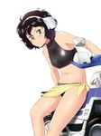  amano_onsa bakuon!! bare_legs belly bikini black_hair curly_hair green_eyes ground_vehicle hairband highres hisakabe_oune motor_vehicle motorcycle navel sarong short_hair smile solo sports_bikini swimsuit thighs yamaha_serow 