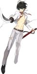  aqua_eyes black_hair blood full_body horikawa_kunihiro katana looking_at_viewer male_focus navel official_art open_clothes open_shirt sheath shiramine_(srmn09) shirt solo sword torn_clothes touken_ranbu transparent_background weapon 