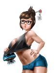  absurdres bangs black-framed_eyewear black_eyes blue_shorts breasts brown_eyes chain cowboy_shot crop_top drawstring eyelashes glasses hair_bun hair_ornament hair_stick hand_on_hip highres large_breasts lips looking_away looking_to_the_side mei_(overwatch) midriff moonlit navel overwatch parted_lips pout pulled_by_another red_lips shiny shiny_skin shirt_pull short_hair short_shorts shorts sideboob simple_background solo stomach swept_bangs tank_top toned white_background 