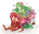  ahoge aluru_(monster_musume) bad_id bad_pixiv_id blush breasts claws cleavage combing flower green_hair green_skin hair_flower hair_ornament lizard_girl lizard_tail long_hair medium_breasts monster_girl monster_musume_no_iru_nichijou monster_musume_no_iru_nichijou_online multiple_girls plant_girl pointy_ears red_hair sala_(monster_musume) scales simple_background sitting tail tana_(tana_chi35) very_long_hair white_background 