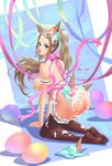  ain_choiwet all_fours aqua_nails back balloon black_legwear blue_eyes blush breasts brown_hair choker food food_on_body food_on_face food_on_head food_on_legs food_on_shoulders from_behind full_body garters highres ice_cream ice_cream_cone ice_cream_cone_on_head ice_cream_cone_spill large_breasts lips long_hair nail_polish naked_ribbon nipples no_shoes nude object_on_head original pink_ribbon ponytail ribbon ribbon_choker shadow solo suggestive_fluid tears thighhighs waffle_cone 