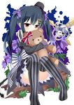  black_hair black_hat black_skirt blush bow doll_hug flower_knight_girl frilled_bow frills full_body hair_bow hair_ornament hairclip hat long_hair looking_at_viewer mini_hat purple_bow red_bow red_eyes sitting skirt skull solo staff striped striped_bow striped_legwear stuffed_animal stuffed_toy teddy_bear thighhighs torikabuto_(flower_knight_girl) twintails umi_suzume vertical-striped_legwear vertical_stripes zettai_ryouiki 