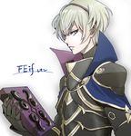  armor blonde_hair book brynhildr_(tome) cape copyright_name fire_emblem fire_emblem_if gloves green_eyes holding holding_book holding_weapon leon_(fire_emblem_if) male_focus momoge_huto simple_background solo weapon white_background 