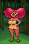  2016 barefoot big_breasts breasts bush cleavage clothed clothing digital_media_(artwork) eyelashes fangs fee female forest grass hair harvey_beaks hi_res humanoid pink_hair pink_skin sharp_teeth skimpy smile solo teeth thingshappen tree wide_hips young 