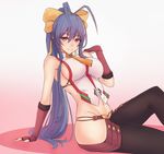  antenna_hair backless_outfit bangs blazblue blazblue:_central_fiction blazblue_variable_heart blue_hair bluefield blush bow breasts covered_nipples fingerless_gloves genderswap genderswap_(mtf) gloves groin hair_between_eyes hair_bow highres large_breasts long_hair looking_at_viewer lowleg lowleg_pants mai_natsume navel no_bra no_panties pants ponytail purple_eyes red_eyes revealing_clothes ribbon sideboob sidelocks sitting smile solo very_long_hair yellow_bow 