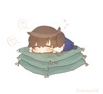  bangs blush brown_hair chibi closed_eyes commentary cushion hair_between_eyes ina_(1813576) japanese_clothes kaga_(kantai_collection) kantai_collection long_hair side_ponytail simple_background sleeping solo speech_bubble twitter_username white_background wide_sleeves younger zzz 