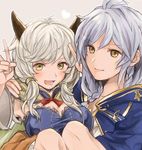  ahoge armpits bad_hands braid breasts camieux cape carrying cleavage draph granblue_fantasy hair_between_eyes height_difference horns large_breasts light_smile long_hair long_sleeves looking_at_viewer low_twintails multiple_girls nadu-king open_mouth silva_(granblue_fantasy) silver_hair simple_background smile twin_braids twintails upper_body wide_sleeves yellow_eyes 