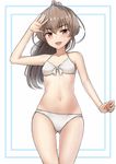  :d arm_at_side arm_up armpits ass_visible_through_thighs bare_shoulders bikini blush brown_eyes brown_hair collarbone cowboy_shot eyebrows eyebrows_visible_through_hair fang flat_chest high_ponytail highres long_hair looking_at_viewer md5_mismatch miyako_(rabochicken) navel open_mouth original ponytail rabochicken simple_background smile solo standing stomach swimsuit thigh_gap tooth white_background white_bikini 