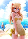  1girl aida_kensuke blood blue_eyes blush breasts choker cleavage cloud day dress eva_16-gouki glasses highres large_breasts long_hair neon_genesis_evangelion nosebleed opaque_glasses orange_hair outdoors sky smile souryuu_asuka_langley sun wading water yellow_dress 