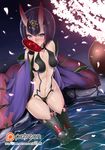  alcohol black_hair blue_eyes blush breasts butter-t cherry_blossoms cup drinking fate/grand_order fate_(series) horns looking_at_viewer navel oni onsen partially_submerged patreon_logo patreon_username petals petals_on_liquid sakazuki sake short_hair shuten_douji_(fate/grand_order) sitting small_breasts solo spilling thighhighs tree wakamezake water watermark web_address 
