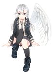  asymmetrical_legwear black_legwear black_panties black_skirt blue_eyes borrowed_character feathered_wings grey_neckwear hair_between_eyes highres invisible_chair kneehighs long_hair looking_at_viewer necktie original panties pantyshot pantyshot_(sitting) pleated_skirt sencha_(senta_10) silver_hair simple_background single_wing sitting skirt solo stella_quartzheart thighhighs underwear white_background white_wings wings 