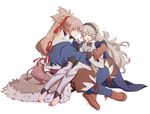  1girl armor barefoot blush brown_hair cape closed_eyes couple female_my_unit_(fire_emblem_if) fire_emblem fire_emblem_if gloves hair_between_eyes hairband happy hetero long_hair mamkute my_unit_(fire_emblem_if) open_mouth pointy_ears ponytail remi_(remipote) silver_hair smile takumi_(fire_emblem_if) 