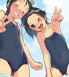  ;p black_eyes black_hair blush closed_eyes competition_school_swimsuit covered_navel from_below goggles goggles_on_head grin kikurage_(crayon_arts) leaning_forward multiple_girls one-piece_swimsuit one_eye_closed open_mouth school_swimsuit short_hair smile swimsuit tongue tongue_out v wading 