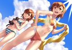  animal armpits ass_visible_through_thighs bangs bikini black_cat blue_sky blush breasts brown_eyes brown_hair cat cloud day dutch_angle eyebrows eyebrows_visible_through_hair groin hand_on_hip holding holding_animal legs_apart lens_flare looking_at_another looking_to_the_side misaka_imouto misaka_mikoto multiple_girls navel open_mouth outdoors raika9 red_bikini short_hair sky small_breasts smile standing stomach striped striped_bikini summer sun swimsuit to_aru_kagaku_no_railgun to_aru_majutsu_no_index 