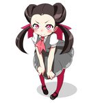  blush breasts brown_hair dress gym_leader hair_pulled_back long_hair mary_janes pantyhose pink_legwear pokemon pokemon_(game) pokemon_oras red_eyes shoes small_breasts solo tooty tsutsuji_(pokemon) twintails 