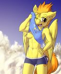  2016 abs anthro anthrofied armpits breasts camel_toe clothed clothing cloud cutie_mark equine feathered_wings feathers female friendship_is_magic hair hi_res looking_at_viewer mammal multicolored_hair my_little_pony navel nipples one_eye_closed open_mouth pegasus punk-pegasus shirt short_hair shorts sky solo spitfire_(mlp) tank_top tongue two_tone_hair wings wonderbolts_(mlp) 