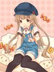  :3 absurdres black_legwear blue_hat blush brown_hair buttons candy eyebrows_visible_through_hair food hat highres long_hair looking_at_viewer open_mouth orange_eyes original overalls sencha_(senta_10) sheep smile solo thighhighs twintails v wristband 