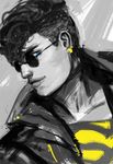  blue_eyes dc_comics earring jacket kon-el male_focus monochrome profile s_shield solo spot_color sunglasses superboy superman_(series) undercut 