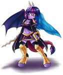  2016 absurd_res ambris anthro anthrofied antlers armor breasts cleavage clothed clothing draconequus equine eyelashes feathered_wings feathers female friendship_is_magic grin hair heterochromia hi_res holding_object holding_weapon horn horse hybrid legwear long_hair mammal melee_weapon membranous_wings midriff multicolored_hair my_little_pony pony purple_eyes red_eyes simple_background solo sword twilight_sparkle_(mlp) weapon white_background white_sclera wings yellow_sclera 