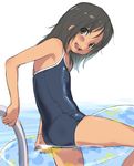  :d ass black_hair blush competition_school_swimsuit flat_chest from_side innertube kikurage_(crayon_arts) leaning_forward long_hair looking_back one-piece_swimsuit open_mouth pool_ladder school_swimsuit smile solo swimsuit 