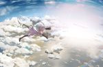  blue_eyes cloud dress highres luo_tianyi ocean rainbow shintani solo sunrise sunset thighhighs vocaloid vocanese water white_hair zettai_ryouiki 