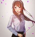  alternate_costume ashigara_(kantai_collection) black_skirt blurry blush brown_hair commentary_request fang hairband highres kantai_collection kitazawa_(embers) long_hair long_sleeves open_mouth petals pointer red_eyes shirt skirt smile solo teacher white_shirt wind 