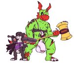  alternate_color anthro balls barefoot cape clothing digimon fan_character felix_the_guilmon flaccid guilmon hammer long_foreskin looking_at_viewer melee_weapon penis pinup pose ryodramon scalie shugowah signature size_difference standing sword tools torn_clothing uncut veemon warhammer weapon 