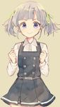  :&gt; belt clenched_hand cowboy_shot dress hair_ribbon kantai_collection komachi_narota looking_at_viewer ooshio_(kantai_collection) pinafore_dress purple_eyes purple_hair ribbon short_hair short_twintails sketch solo twintails v-shaped_eyebrows 