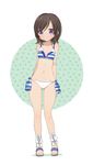  absurdres ankle_wrap arms_behind_back bikini blush bow_bikini brown_hair collarbone eyebrows eyebrows_visible_through_hair full_body futsuu_no_joshikousei_ga_locodol_yattemita green_background highres looking_at_viewer navel pan_koujou polka_dot polka_dot_background purple_eyes sandals solo standing striped striped_bikini sweatdrop swimsuit thigh_gap toenails usami_nanako white_background 