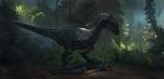  ambiguous_gender claws detailed_background digital_media_(artwork) digital_painting_(artwork) dinosaur duo feral foliage hi_res human jurassic_park larger_male male mammal quills raph04art raptor size_difference smaller_male theropod 
