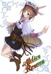  atelier_(series) atelier_rorona belt black_eyes breasts brown_hair cleavage copyright_name cursive dress hat highres long_hair rororina_fryxell shikikakeru_tei short_dress small_breasts smile solo underbust 