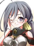  =3 adjusting_eyewear ahoge alternate_breast_size alternate_costume bare_shoulders bespectacled commentary_request cosplay doyagao front-tie_top glasses gorget grey_eyes grey_hair hair_between_eyes kantai_collection kiyoshimo_(kantai_collection) long_hair looking_at_viewer musashi_(kantai_collection) musashi_(kantai_collection)_(cosplay) one_eye_closed sakuramon sarashi semi-rimless_eyewear smile tmsksa twintails upper_body very_long_hair 