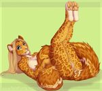  2016 anthro blonde_hair blue_eyes breasts brown_fur butt clitoris ear_piercing english_text feline female fur green_background hair kyotokisha15 legs_up leopard long_hair looking_at_viewer lying mammal nude on_back piercing pussy simple_background solo spots text watermark white_fur 